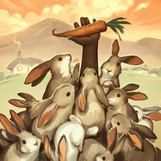 A hand holds up a carrot above a crowd of bunnies