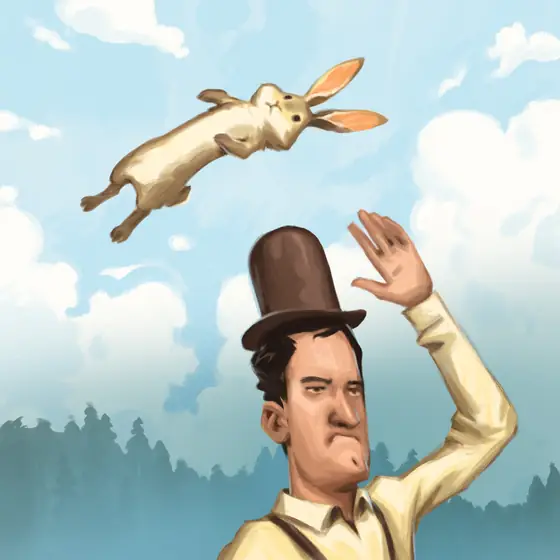 A bunny flies over a villager in a top hat