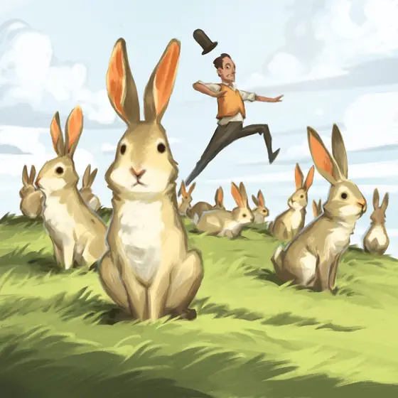 A villager leaps over the bunnies