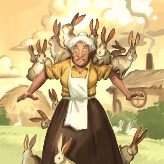 A villager overrun by bunnies