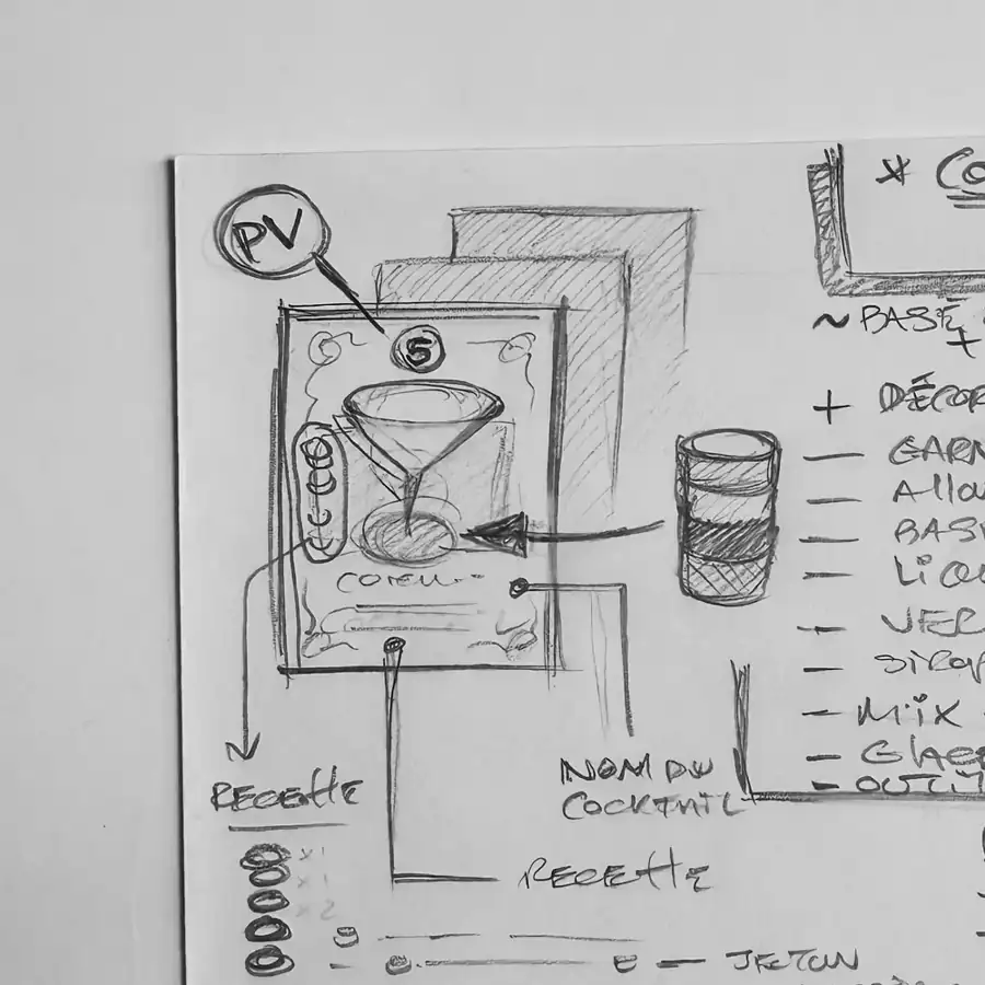 Pencil sketch of a Cocktail card: victory points, glass, recipe and layered ingredients