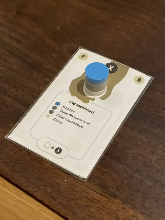 Old Fashioned card from prototype V2 with a stack of wooden tokens