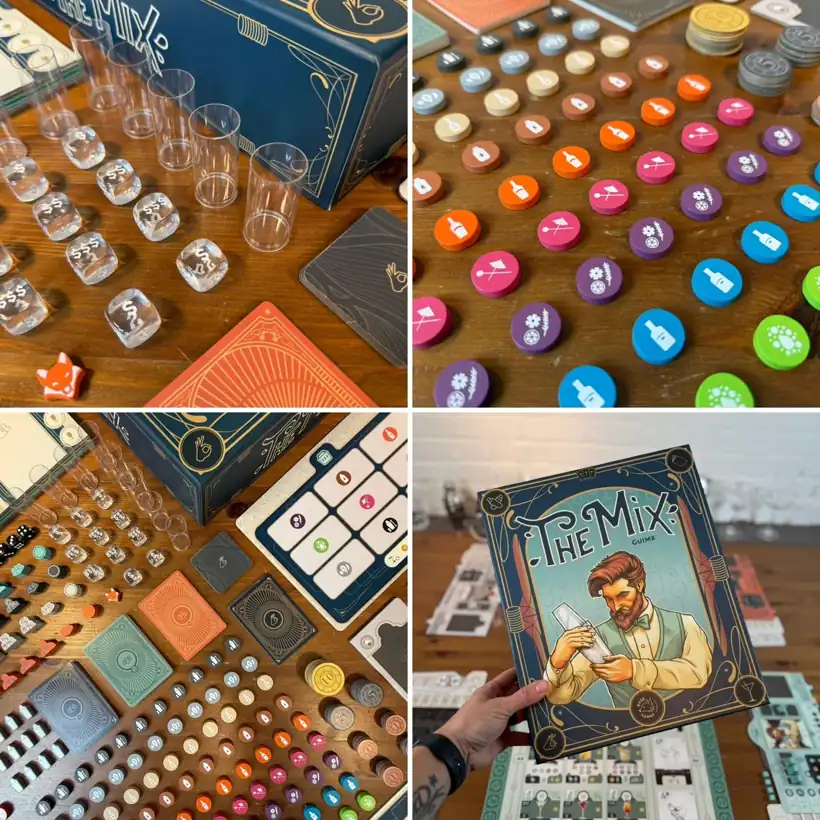 The final components of The Mix: clear glasses, Tip dice, Ingredient tokens, cards and box